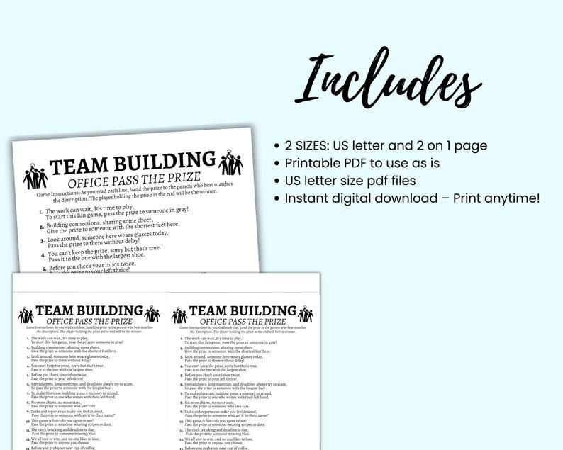 K&ouml;nnte beinhalten: Zwei druckbare PDF-Seiten f&uuml;r ein Teambuilding-Spiel namens "Office Pass the Prize". Die Spielanweisungen sind auf der Seite aufgef&uuml;hrt. Das Spiel beinhaltet das Weitergeben eines Preises im B&uuml;ro an die Person, die am besten zu der Beschreibung in jeder Zeile passt. Das Spiel soll Teambuilding und Spa&szlig; f&ouml;rdern.
