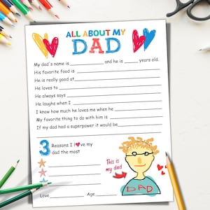 Alles über meinen Dad druckbar, Dad Fragebogen Vatertag Füllen Sie das leere Daddy Arbeitsblatt aus, Vatertagsgeschenk von Kindern, DIY Karte Dad Geburtstag