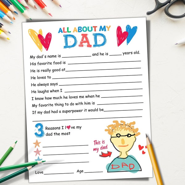 All About My Dad Questionnaire Printable Fathers Day Fill In Blank Daddy Worksheet Fathers Day Gift From Kids, DIY Card Dad Birthday Gift