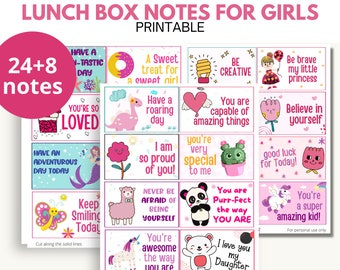 Lunchbox-notities voor kinderen, lunchbox-notities voor meisjes, positieve bevestigingen, bemoedigende notities voor kinderen, lunchnotities direct downloaden