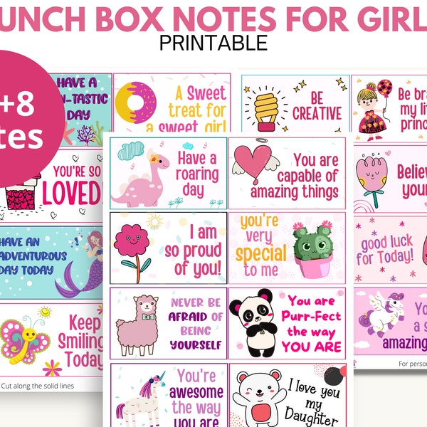 Lunchbox-notities voor kinderen, lunchbox-notities voor meisjes, positieve bevestigingen, bemoedigende notities voor kinderen, lunchnotities direct downloaden