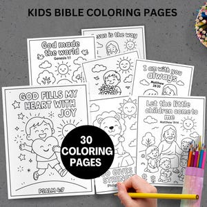 May include: A set of children's Bible coloring pages featuring illustrations and Bible verses. The pages are in black and white, with the text "KIDS BIBLE COLORING PAGES" at the top. A pencil is held near the pages, and a container of coloured pencils is visible.