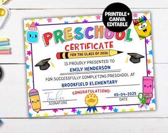 Preschool Graduation Certificate Editable, Printable Preschool Graduation Diploma Template, 2026 Preschool Certificate Kids Keepsake
