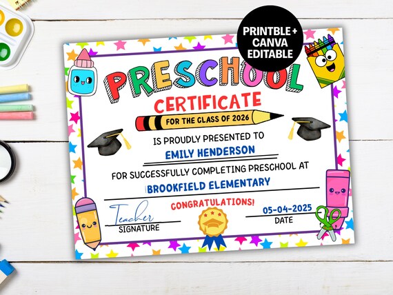 Preschool Graduation Certificate Editable, Printable Preschool Graduation Diploma Template, 2026 Preschool Certificate Kids Keepsake
