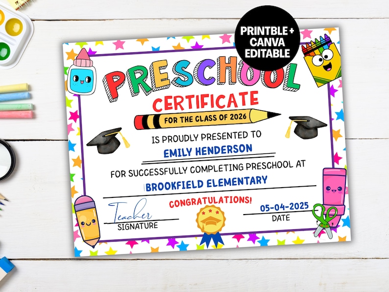 Preschool Graduation Certificate Editable, Printable Preschool Graduation Diploma Template, 2026 Preschool Certificate Kids Keepsake image 1