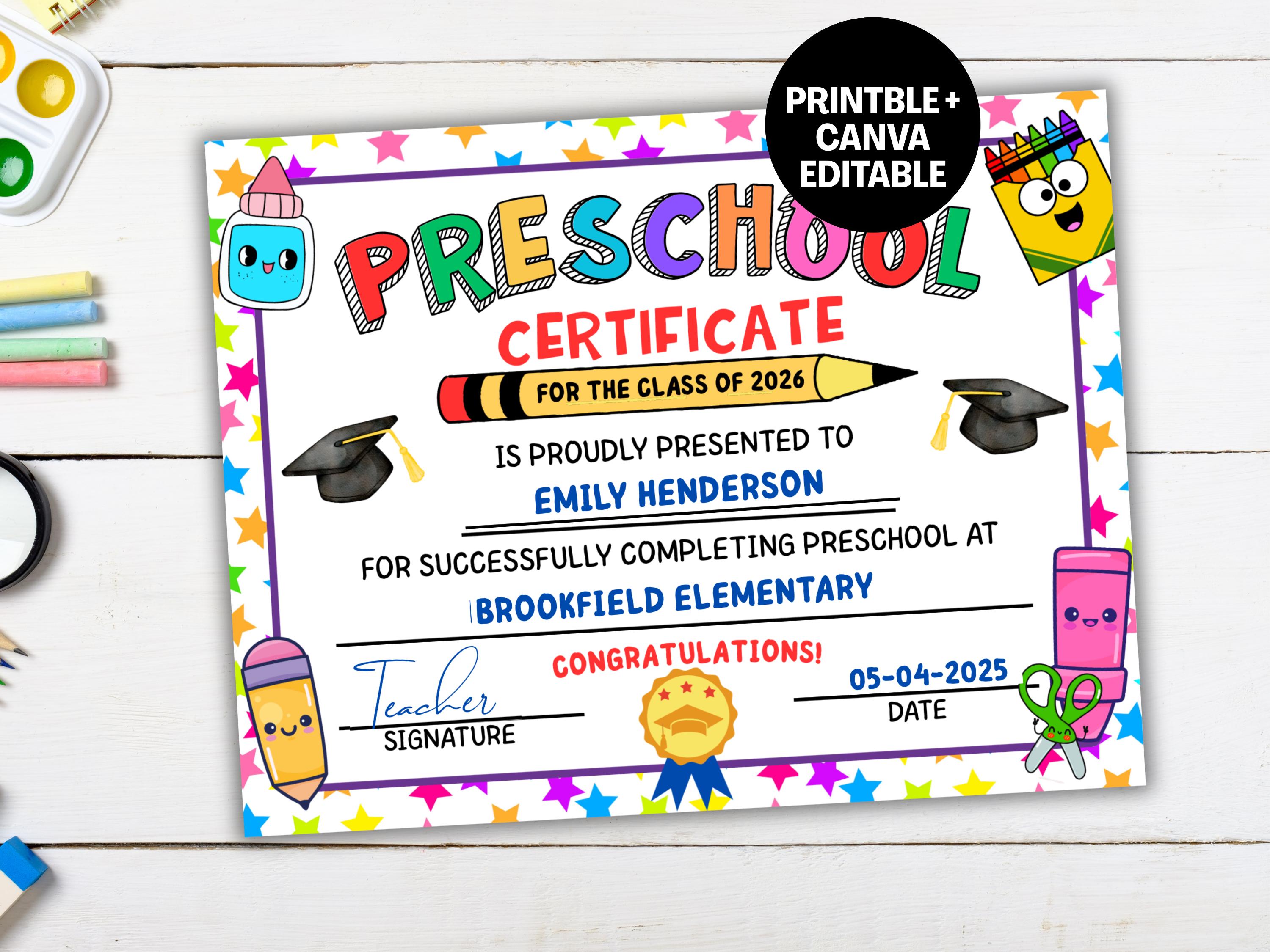 Preschool Graduation Certificate Editable, Printable Preschool ...