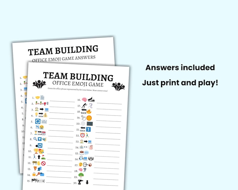 Pu&ograve; includere: Un gioco di team building stampabile con emoji che rappresentano frasi d'ufficio. Il gioco include 30 domande e risposte. Il titolo del gioco &egrave; "Team Building Office Emoji Game".