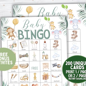 200 carte Bingo Baby Shower, Safari Baby Bingo stampabile, Attività di gioco Baby Shower, Genere neutro precompilato Baby Shower Bingo Tema Safari