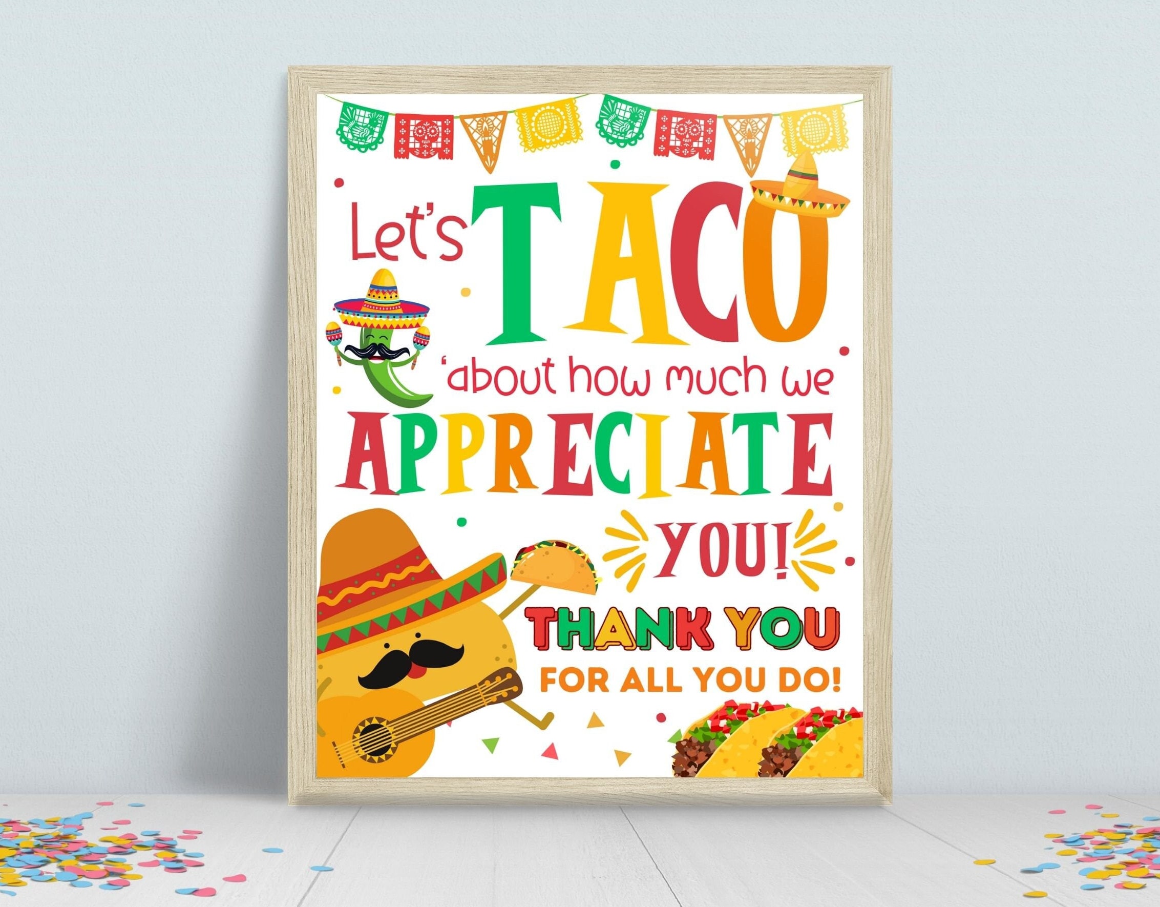 Taco-waarderingsteken, taco over leraar personeel waardering werknemer, Taco Bar bedankbord, Mexicaans eten Snacks tafelbord afdrukbaar