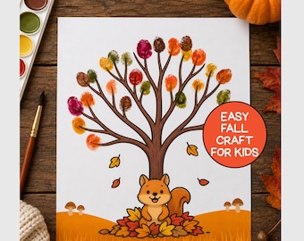 Fall Fingerprint Art, Easy Fall Craft For Kids, Fall Fingerprint Tree Craft Template, Thanksgiving PreK Kindergarten Preschool Activity