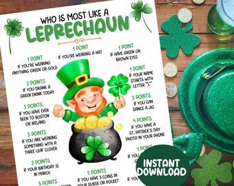 St Patrick's Day Who Is Most Like A Leprechaun Game, St Patricks Day Party Game, Kids St Patricks Games Activity, Adult Ice Breaker Game