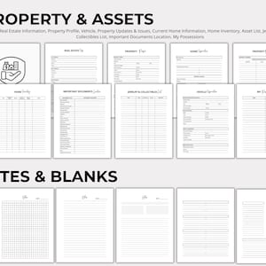 May include: A black and white printable planner with the title "Property & Assets" and "Notes & Blanks". The planner includes sections for real estate information, property profile, vehicle, property updates, home inventory, asset list, jewelry and collectibles list, important documents location, and my possessions.