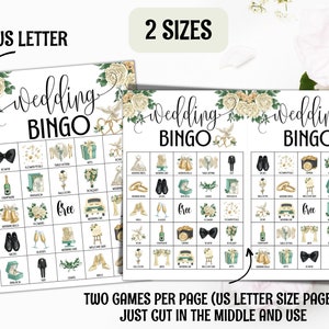 K&ouml;nnte beinhalten: Zwei druckbare Hochzeit-Bingo-Karten mit floralem Design. Jede Karte hat ein 5x5-Raster mit Bildern von Hochzeitsartikeln wie Eheringen, Champagnergl&auml;sern und einer Hochzeitstorte. Der Text "Wedding Bingo" steht oben auf jeder Karte. Der Text "Zwei Spiele pro Seite (US-Letter-Format), einfach in der Mitte schneiden und verwenden" steht unten auf dem Bild.