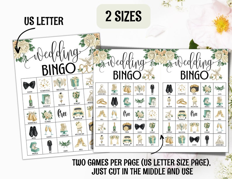 K&ouml;nnte beinhalten: Zwei druckbare Hochzeit-Bingo-Karten mit floralem Design. Jede Karte hat ein 5x5-Raster mit Bildern von Hochzeitsartikeln wie Eheringen, Champagnergl&auml;sern und einer Hochzeitstorte. Der Text "Wedding Bingo" steht oben auf jeder Karte. Der Text "Zwei Spiele pro Seite (US-Letter-Format), einfach in der Mitte schneiden und verwenden" steht unten auf dem Bild.