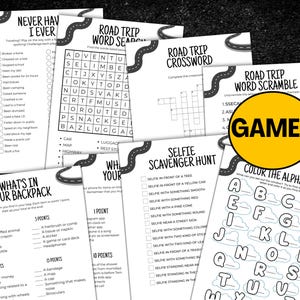 Puede incluir: Una colecci&oacute;n de juegos imprimibles para viajes por carretera, que incluyen una b&uacute;squeda de palabras, un crucigrama y una b&uacute;squeda del tesoro. Los juegos est&aacute;n dise&ntilde;ados con un tema de carretera y l&iacute;neas punteadas, perfectos para la diversi&oacute;n familiar en movimiento. La palabra "GAMES" est&aacute; en un c&iacute;rculo amarillo.