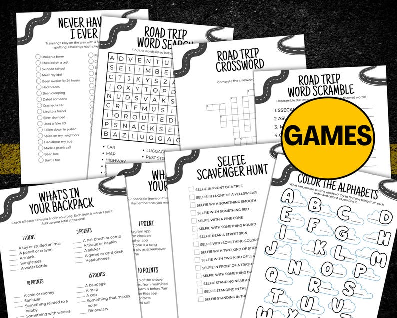Puede incluir: Una colecci&oacute;n de juegos imprimibles para viajes por carretera, que incluyen una b&uacute;squeda de palabras, un crucigrama y una b&uacute;squeda del tesoro. Los juegos est&aacute;n dise&ntilde;ados con un tema de carretera y l&iacute;neas punteadas, perfectos para la diversi&oacute;n familiar en movimiento. La palabra "GAMES" est&aacute; en un c&iacute;rculo amarillo.