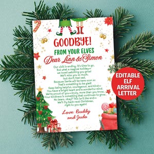 Może przedstawiać: List świąteczny z motywem elfów, z tekstem "Goodbye! From Your Elves" i wierszem. List jest ozdobiony świątecznymi elementami, takimi jak choinka, laski cukrowe i worek Świętego Mikołaja. Czerwone koło głosi "Editable Elf Arrival Letter."
