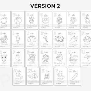 May include: Black and white alphabet flashcards with illustrations of various objects for each letter. The flashcards include images of an apple, ball, cupcake, donut, egg, flower, grapes, house, ice cream, jelly, kite, ladybug, mango, nest, owl, parrot, quilt, robot, strawberry, train, umbrella, yo-yo, watermelon, xylophone, yo-yo, and zucchini.