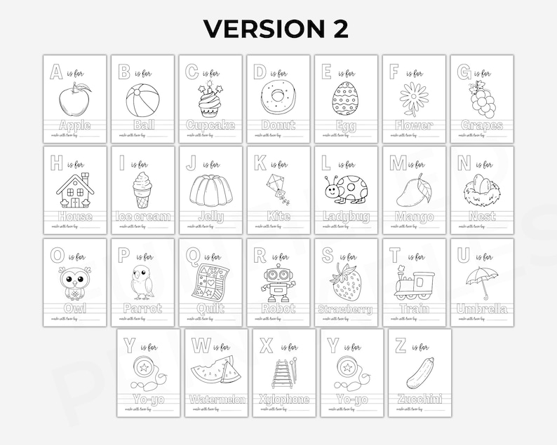 May include: Black and white alphabet flashcards with illustrations of various objects for each letter. The flashcards include images of an apple, ball, cupcake, donut, egg, flower, grapes, house, ice cream, jelly, kite, ladybug, mango, nest, owl, parrot, quilt, robot, strawberry, train, umbrella, yo-yo, watermelon, xylophone, yo-yo, and zucchini.