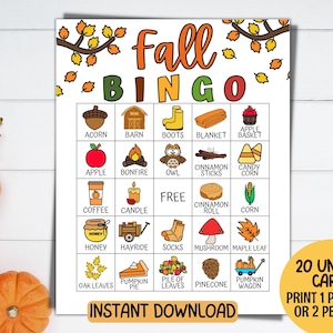 Fall Bingo, 20 Autumn Bingo Cards, Printable Fun Fall Party Games, Fall Activity, Family Bingo, Kids Class Party Game, Harvest Bingo