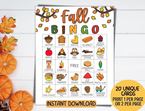 Fall Bingo, 20 Autumn Bingo Cards, Printable Fun Fall Party Games