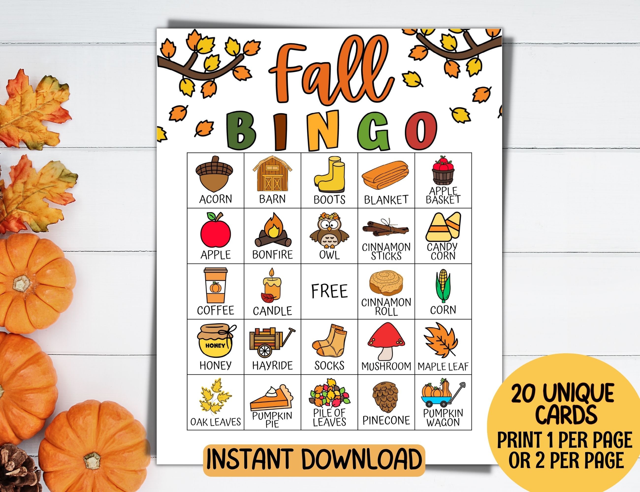 Fall Bingo, 20 Autumn Bingo Cards, Printable Fun Fall Party Games