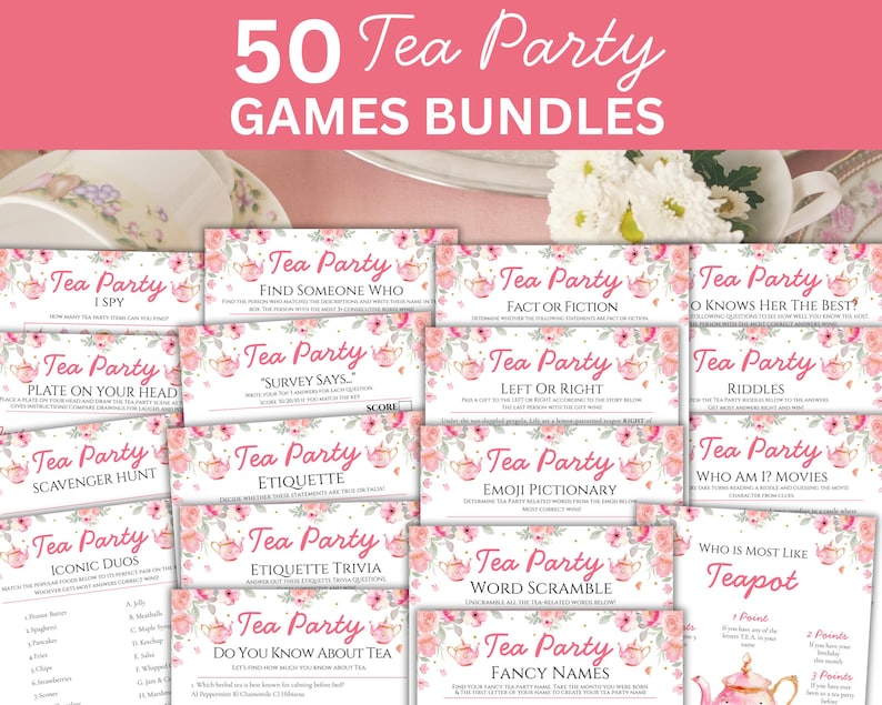 Puede incluir: Un conjunto de 50 juegos de fiesta de t&eacute;. Cada tarjeta de juego presenta un dise&ntilde;o floral con flores rosas y blancas. Los t&iacute;tulos de los juegos incluyen "I Spy", "Fact or Fiction", "Riddles" y "Emoji Pictionary".