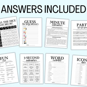 May include: A set of printable party games with titles such as "Roll the Dice", "Guess the Emoji Answers", "Minute Icebreakers", "Party Left Right Game", "Fun Trivia", "5-Second Icebreakers", "Word Scramble", and "Iconic Duos".