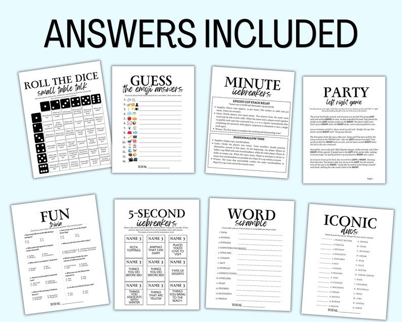 May include: A set of printable party games with titles such as "Roll the Dice", "Guess the Emoji Answers", "Minute Icebreakers", "Party Left Right Game", "Fun Trivia", "5-Second Icebreakers", "Word Scramble", and "Iconic Duos".
