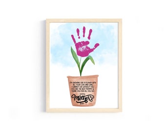 May include: A pink handprint in the shape of a flower growing out of a brown pot with the text "I'm growing like a flower with all your love and care. I cannot live without you. You are the best mommy & thank you for all you do. Happy Mother's Day."