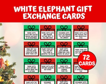 May include: A set of 72 White Elephant Gift Exchange Cards. Each card features a gift box graphic and instructions for trading gifts, such as trading with someone whose birthday is in December or someone wearing red shoes. The cards are red and green.