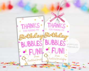 Bubbles Birthday Party Favor Tag, Bubble Wand Tags Girls, Pink Bubble Thank You Tag, Bubbles Of Fun Summer Birthday Party Gift Tag Printable