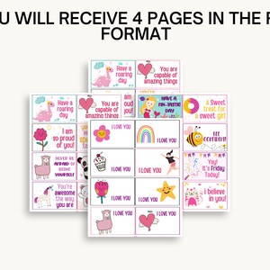May include: A set of printable affirmation cards featuring positive messages and cute illustrations. The cards include phrases like "Have a roaring day", "You are capable of amazing things", "I am so proud of you", "Never be afraid of being yourself", "You're awesome the way you are", "I love you", "A sweet treat for a sweet girl", "Be confident", "Yay! It's Friday Today", "I believe in you!"