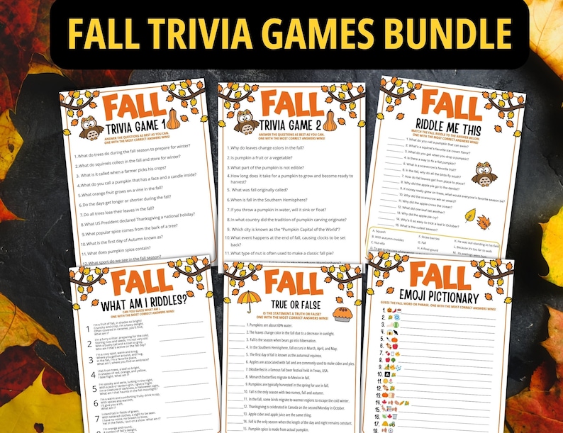 May include: A collection of fall trivia games, including trivia, riddles, true or false, and emoji pictionary. Each game features a decorative border with autumn leaves and an owl. The text "Fall Trivia Games Bundle" is displayed at the top.