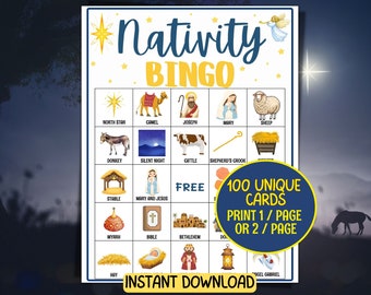 May include: A printable Nativity Bingo game with a blue and yellow design. The game board features illustrations of Nativity-themed images, including a star, camel, Joseph, Mary, sheep, donkey, and more. The text reads "Nativity Bingo" and "Instant Download".