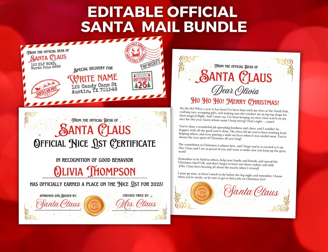 Santa Letters Bundle: EDITABLE Letter From Santa, Nice List Certificate ...