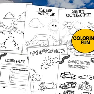 May include: A collection of black and white road trip activity pages. The pages include coloring activities, tracing, and a driver's license template. The text includes "Road Trip", "Trace the Car", "Coloring Activity", "My Road Trip", and "Color Your Dream Car".