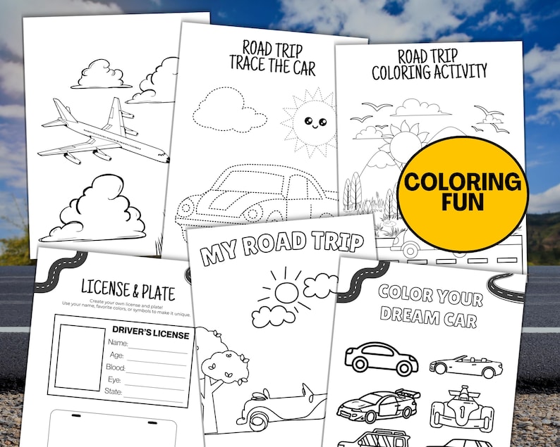 May include: A collection of black and white road trip activity pages. The pages include coloring activities, tracing, and a driver's license template. The text includes "Road Trip", "Trace the Car", "Coloring Activity", "My Road Trip", and "Color Your Dream Car".