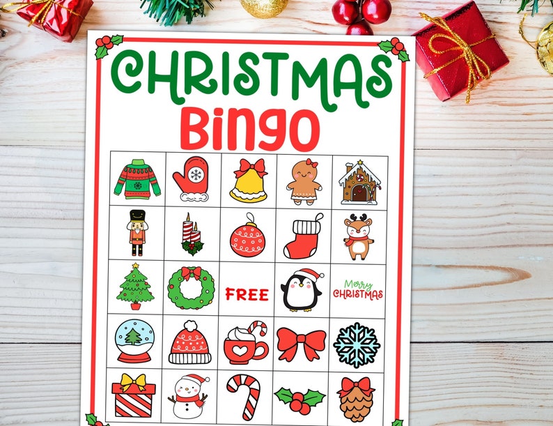 May include: A Christmas Bingo card with 25 squares featuring various Christmas-themed images, including a snowman, a stocking, a gingerbread house, a candy cane, a Christmas tree, a wreath, a penguin, a snowflake, a bell, a mitten, a nutcracker, a present, a hot chocolate mug, a bow, and a holly sprig. The center square says "FREE".