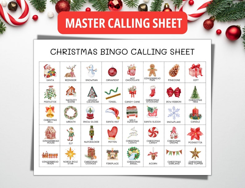 May include: A Christmas Bingo calling sheet with festive illustrations. The sheet features images of Santa, ornaments, and other holiday symbols. The text "MASTER CALLING SHEET" and "CHRISTMAS BINGO CALLING SHEET" are displayed in red.