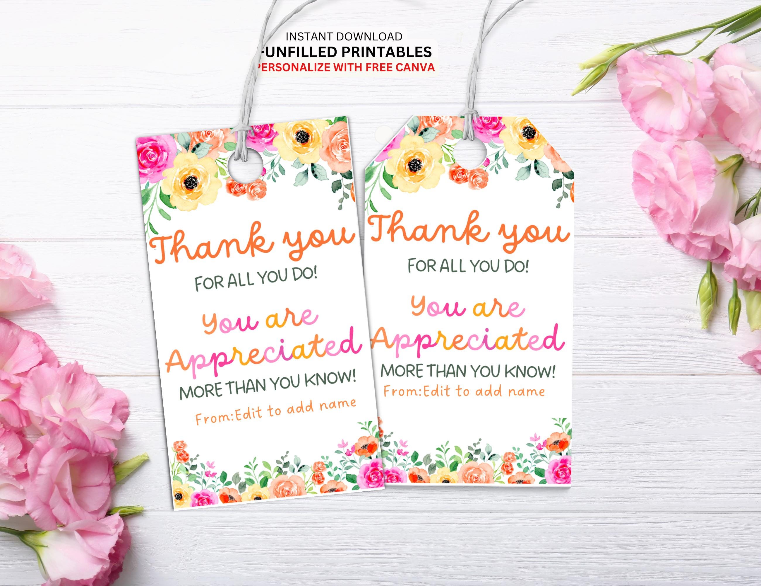 Floral Appreciation Tags for Teacher Staff Employee Appreciation Gifts ...