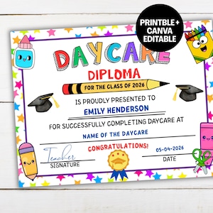 Daycare Graduation Diploma Editable, 2026 Daycare Certificate, Last Day of Daycare Template, Daycare Grad Diploma For Kids, Daycare Keepsake