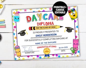 Diplôme de garde d'enfants modifiable, certificat de garderie 2026, dernier jour de modèle de garderie, diplôme d'études supérieures en garderie pour les enfants, souvenir de garderie