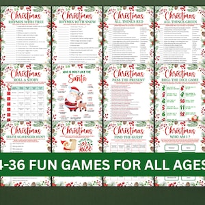May include: A collection of Christmas-themed game cards with festive borders. The cards feature various games like "Rhymes with Tree," "All Things Red," and "Roll the Dice Game." The text "24-36 FUN GAMES FOR ALL AGES" is displayed at the bottom.
