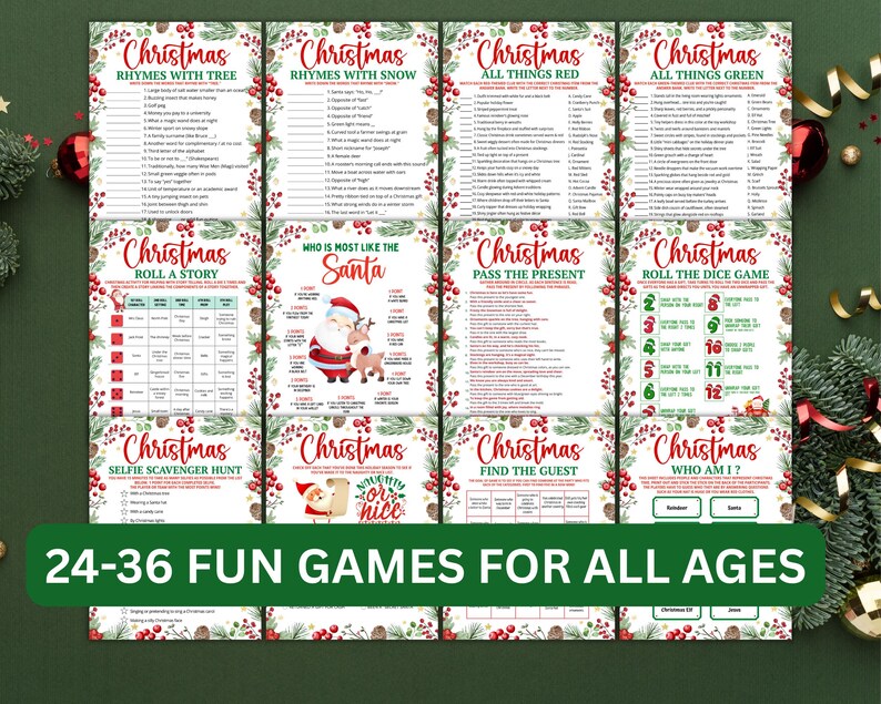 May include: A collection of Christmas-themed game cards with festive borders. The cards feature various games like "Rhymes with Tree," "All Things Red," and "Roll the Dice Game." The text "24-36 FUN GAMES FOR ALL AGES" is displayed at the bottom.
