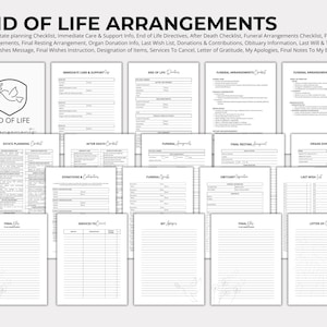 May include: A printable end-of-life planning checklist with sections for immediate care, after death, funeral arrangements, final resting arrangements, organ donation, last wishes, donations, obituary, last will and testament, final wishes message, final wishes instructions, designation of items, services to cancel, letter of gratitude, apologies, and final notes to beneficiaries.