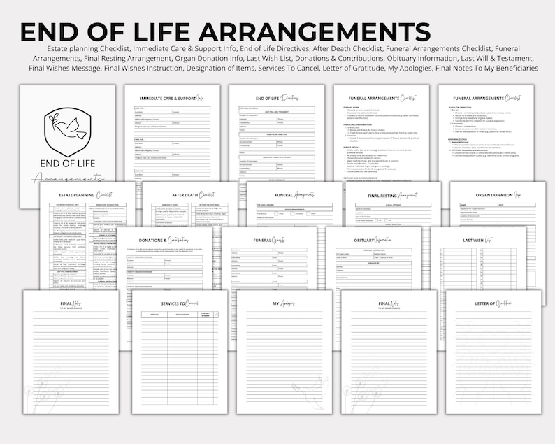 May include: A printable end-of-life planning checklist with sections for immediate care, after death, funeral arrangements, final resting arrangements, organ donation, last wishes, donations, obituary, last will and testament, final wishes message, final wishes instructions, designation of items, services to cancel, letter of gratitude, apologies, and final notes to beneficiaries.