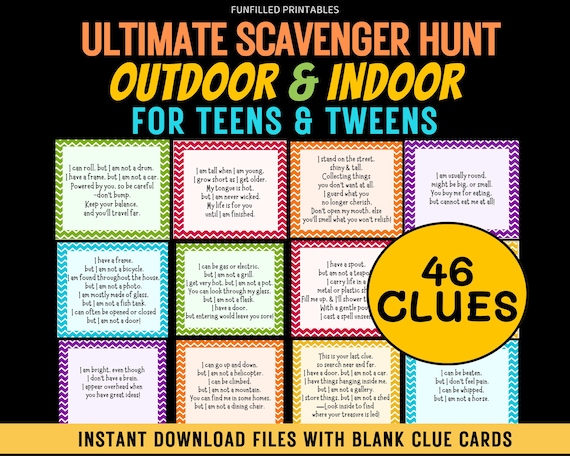 Ultimate Indoor Outdoor Scavenger Hunt For Older Kids, Tween Teen Scavenger Hunt, Tricky Treasure Hunt Clues Riddles, Teenager Birthday Hunt
