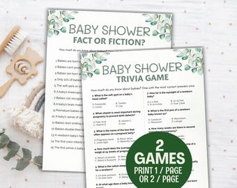Könnte beinhalten: Zwei druckbare Babyparty-Spiele: "Fact or Fiction?" und "Trivia Game". Die Spiele zeigen ein Eukalyptusblatt-Design und beinhalten Fragen zu Babys. Der Text auf den Spielen lautet "2 Spiele Drucken 1/Seite oder 2/Seite."