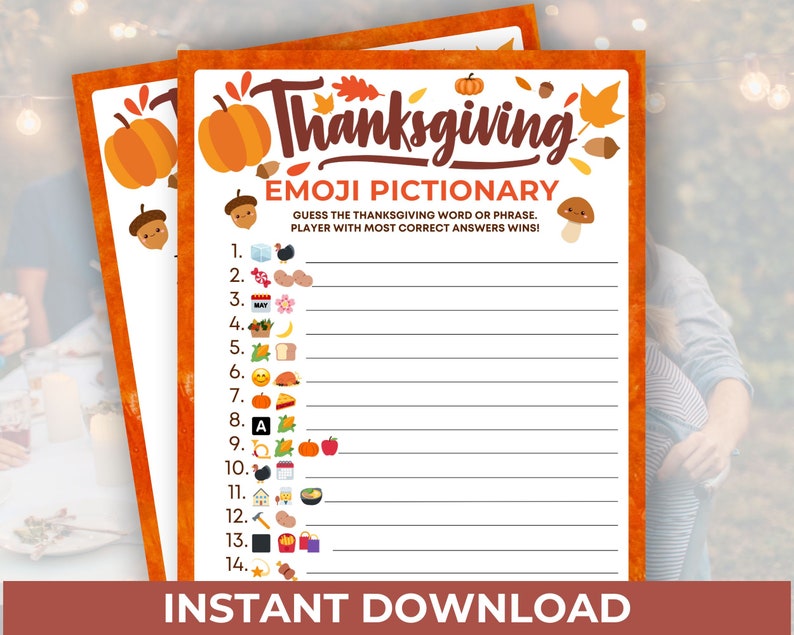 Thanksgiving Emoji Game, Printable Thanksgiving Games For Kids Adults Family Dinner Table Activity, Fun Party Trivia, Friendsgiving Game